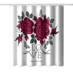 Red Rose Shower Curtain Romantic Bathroom Flower Theme Waterproof Rose Love S... - Picture 1 of 8