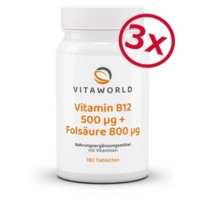 3er Pack Vita World Vitamin B12 500µg+Folsäure 800µg Hochdosiert 3x180Tabl.Vegan - Bild 1 von 4