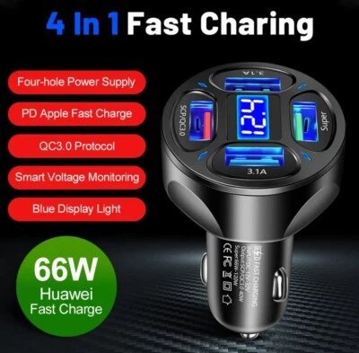 Fast Car Charger USB Cigarette Lighter Socket 4 Port Adapter For iPhone, Samsung - Image 1 of 4