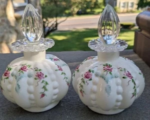 Pair Of Fenton Art Glass Beaded Melon Charleton HP Perfume Bottles - Picture 1 of 14