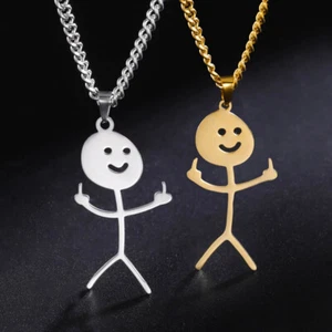 Stickman Middle Finger Pendant Necklace – Stainless Steel, Gold or Silver, 24" - Picture 1 of 7