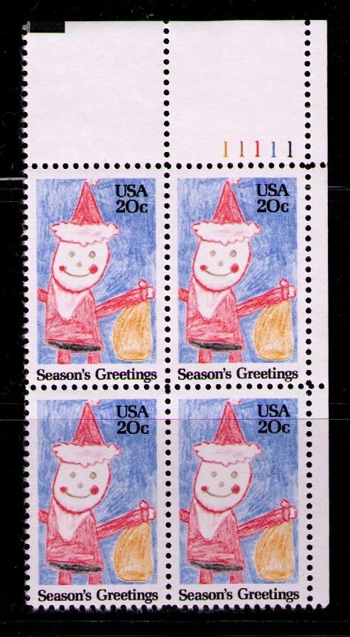 US USA Sc# 2108 MNH FVF PLATE # BLOCK Seasons Greetings Santa Claus Children Art - Image 1 of 1
