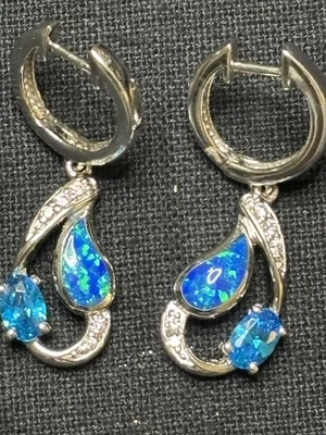Pendientes ópalo fuego azul plata de ley Foto 1 de 3
