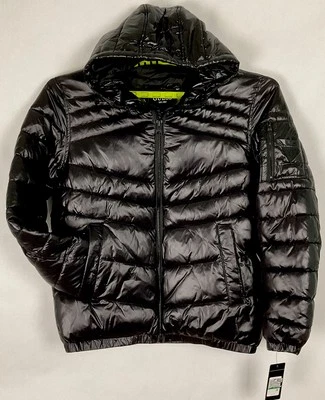 Guess NWT Mens Full Zip Hooded Puffer Jacket Large L Black Poly Long Sleeve New - Image 1 of 4