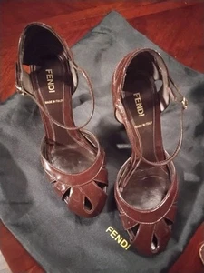 Fendi Deep Burgundy Patton Leather Peep Toe Pumps with Anckle Buckle EU Size 37 - Picture 1 of 7