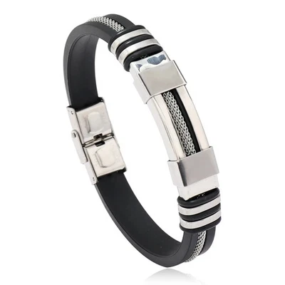 Stainless Steel Leather Bracelet Three Color Braided Punk Rock Cuff Men Jewelry - Image 1 of 4