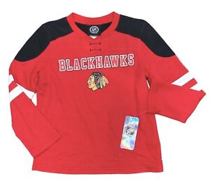 T-shirt de hockey à manches longues garçons taille XS 4/5 Blackhawks rouge noir et blanc neuf