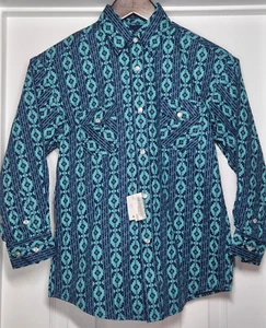 NWT Panhandle Rough Stock Shirt Boys M (8) Western Pearl Snaps Youth Blue Aztec - Picture 1 of 12