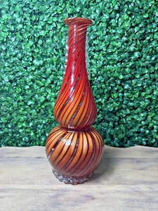 Vintage Art Glass Vase Red Orange Striped Swirl Bischoff Bottle 10.5” - Picture 1 of 12