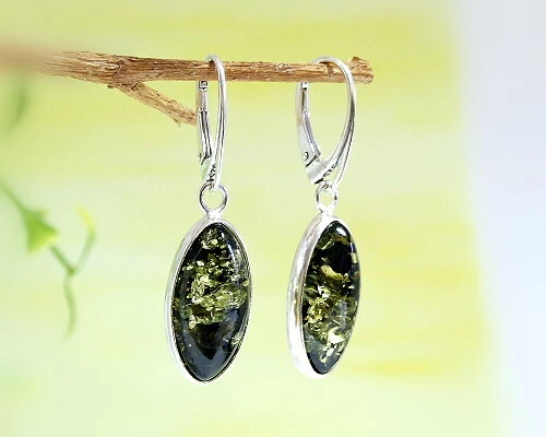 Bernstein Ohrhänger Silber 925 Ohrringe oval grün echt Sterlingsilber ea18 - Bild 1 von 1