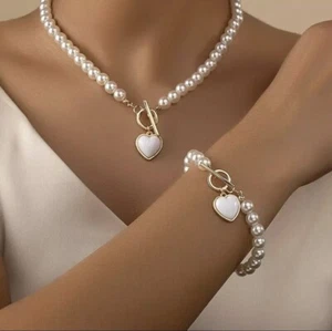 Damen Halskette Perlenkette Armband Perlen Schmuck Set Kette verstellbar - Bild 1 von 4