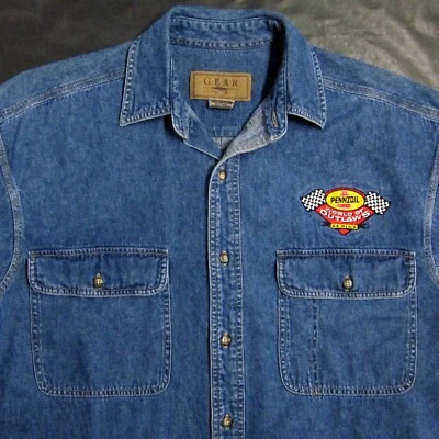 PENNZOIL WORLD OF OUTLAWS Men's (Small) BUTTON-FRONT BLUE DENIM SHIRT Pockets - Image 1 of 4