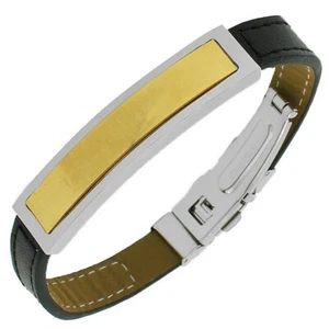 Stainless Steel Black Leather White Yellow Gold Silver Tone Mens Bracelet - Picture 1 of 3