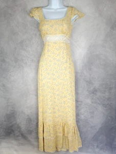 Vntg Y2K Maxi Dress Womens 4 Yellow Floral Empire Waist Crochet Whimsy Fairy - Picture 1 of 24