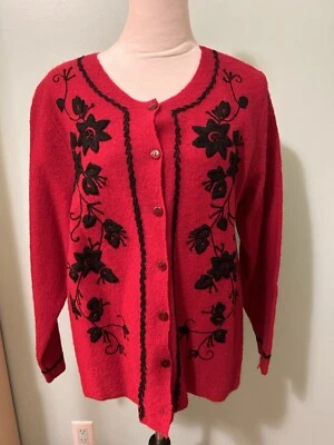 Wool Cardigan Sweater Vintage Etoile Red Black Floral Large Warm Cozy Christmas  - Image 1 of 4