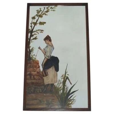 ANTIQUE VICTORIAN HAND PAINTED WALL HANGING MIRROR DEPICTING ELEGANT LADY - Image 1 of 4