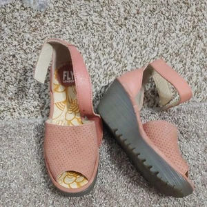 Fly London Women's Rose Pink Wedge Sandals Perforated Leather, Size 36 - Picture 1 of 7