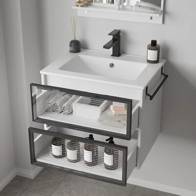 Tocador de baño flotante 24" sin lavabo, 2 cajones armario de almacenamiento toallero Foto 1 de 4