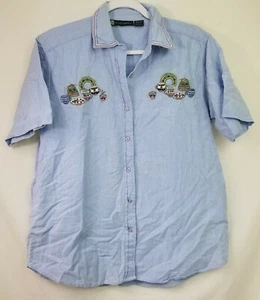 Citi-Craze Denim Womens SS Blue Embroidered Button Down 2 Layer Shirt Top Size L - Picture 1 of 9