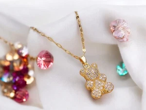 Women’s 14k Gold Plated Teddy Bear Pave CZ Pendant With Chain Necklace 17in Gift - Picture 1 of 10