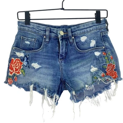 Pantalones Cortos de Senderista BLANK NYC Niño Salvaje Denim Envejecido Talla 24 Bordados Rosas Boho Foto 1 de 4