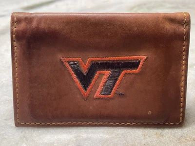 Virginia Tech Hokies VT Cuero Marrón Doble Plegable Billetera Soporte de Identificación Foto 1 de 4