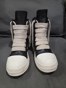 AUTHENTISCH! EU41 Rick Owen Jumbo Lace Ramones Black Milk Leather High Top Sneaker - Bild 1 von 14