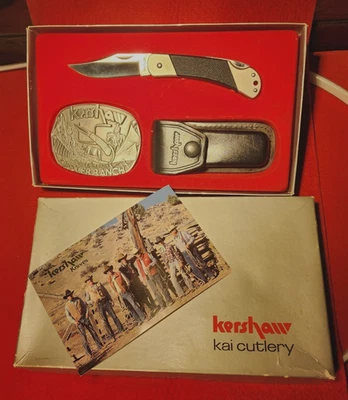 Kershaw Officer Ranch Knife & Buckle  Commemorative Set w/leather sheath in box - Image 1 of 4