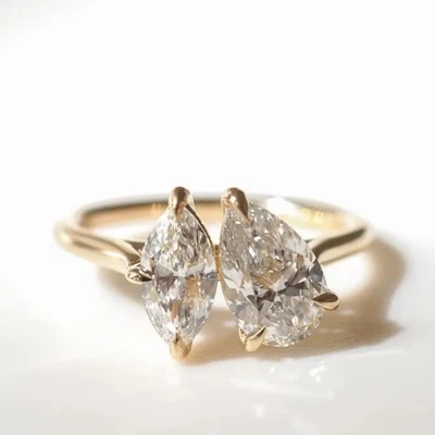 3.00TCW Pear & Marquise Cut Moissanite Toi te Moi Ring Solid 14k Yellow Gold - Image 1 of 4
