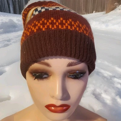 Vintage Style Knit Beanie Hat Brown Orange Blue Fair Isle Pattern Unisex Slouch - Image 1 of 4