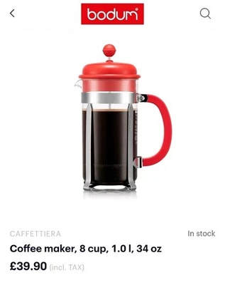 Bodum CAFFETTIERA French Press Coffee Maker, Red, 1L 8 Cups 34 oz Free Postage - image 1 of 4