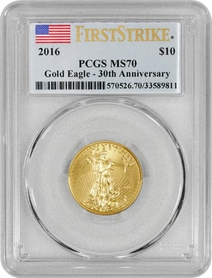 2016 $10 1/4 oz Gold American Eagle 30th Anniversary PCGS MS70 FS Flag Label Coi - Image 1 of 4
