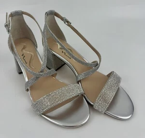 NEW Nina Neville Rhinestone Slingback Block Heel Sandal 8W Silver T211755 Womens - Picture 1 of 14