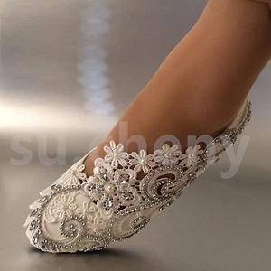 su.cheny White ivory pearls rhinestones lace flat Wedding shoes Bridal size 5-13 - Picture 1 of 14