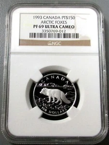 1993 PLATINUM CANADA $150 WILDLIFE ARTIC FOXES 1/2 OZ NGC PROOF 69 ULTRA CAMEO - Picture 1 of 3