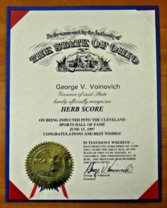 Rare Herb Score Cleveland Baseball Hall of Fame Certificate - Picture 1 of 4
