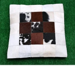 100% NEW COWHIDE LEATHER CUSHION COVER RUG COW HIDE HAIR ON CUSHION W/BL/BR - Picture 1 of 4