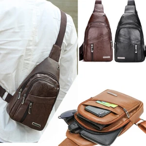 Leather Men Sling Chest Bag Crossbody Travel Shoulder Bag with USB Charging Port - Picture 1 of 18