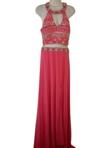 Vintage Let's Womens Evening Gown Coral Beaded Cut Out Slit Front Mesh Inset M - Picture 1 of 5