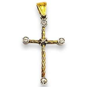 Diamond 18K Solid Two-Tone Gold Rope Cross Pendant Handmade - Picture 1 of 5