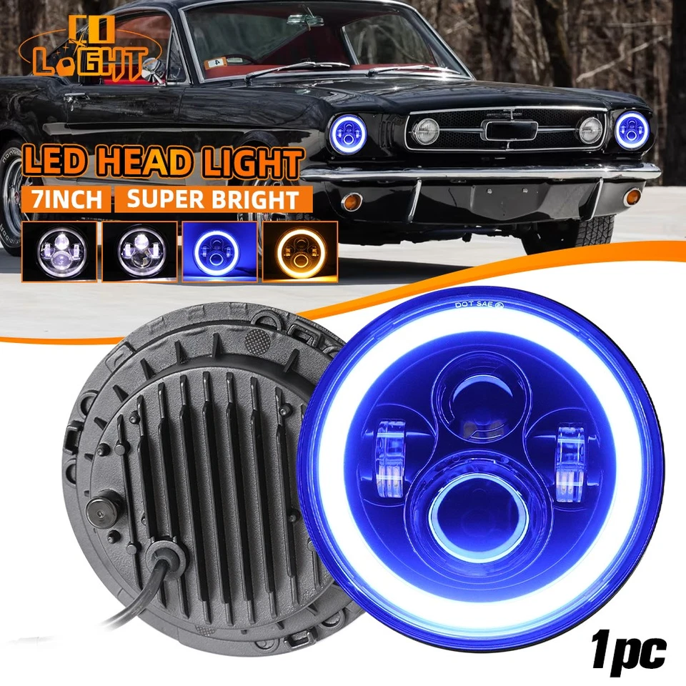 Blue Halo 7" Round Led Headlight Fit Ford Mustang 1965 1966 1967 1968 1969-1973 - Image 1 of 4
