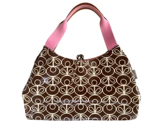Orla Kiely Tote Bag Brown Cream Print Coated Canvas Pink Canvas-Leather Handles - Picture 1 of 10
