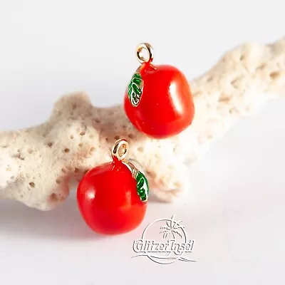 2 Anhänger Obst Frucht Apfel Messing Emaille Vergoldet 13mm GlitzerInsel 00746 - Bild 1 von 3