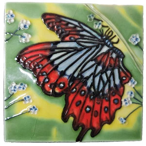 Mini Art Tile Red Butterfly Blue Green Floral Free Standing *Crazing 4"Hx4"W - Picture 1 of 2