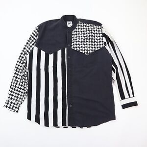 Roper Band Collar Western Shirt Mixed Stripe & Houndstooth Black White XL