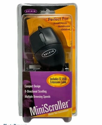 ^ BELKIN MiniScroller Optical Mouse Model F8E841-BLK-CBL ----------- (C,151) - Image 1 of 4