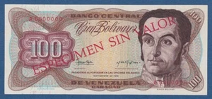 VENEZUELA -- 100 BOLIVARES ( 21.11.1972 ) -- SPECIMEN -- aUNC -- PICK 55s1 . - Imagen 1 de 2