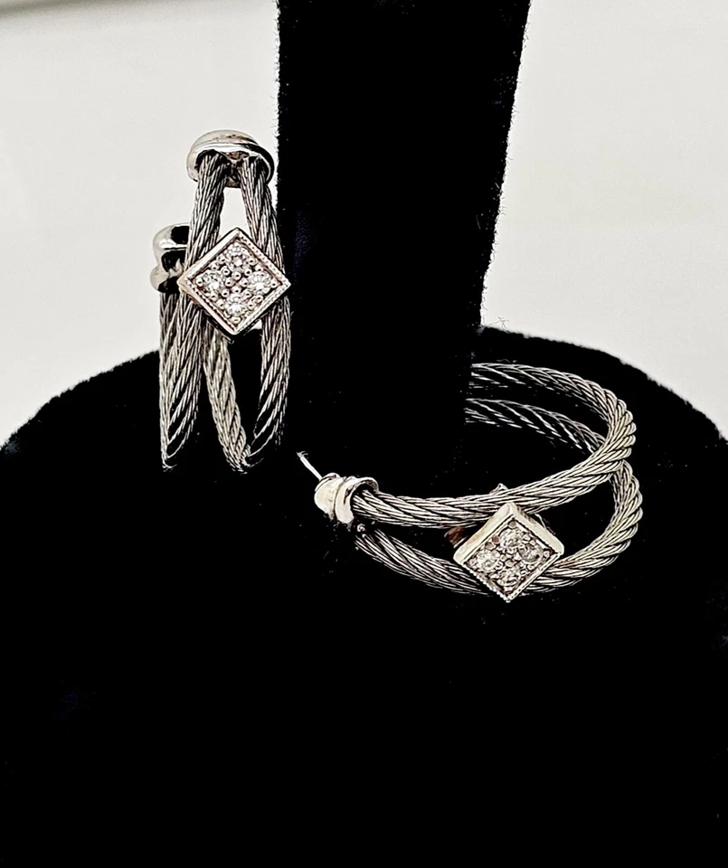 PENDIENTES ARGOLLA CABLE ACERO 7/8" DIAMANTES 18K ESTATE CHARRIOL, PERFORADOS Foto 1 de 1