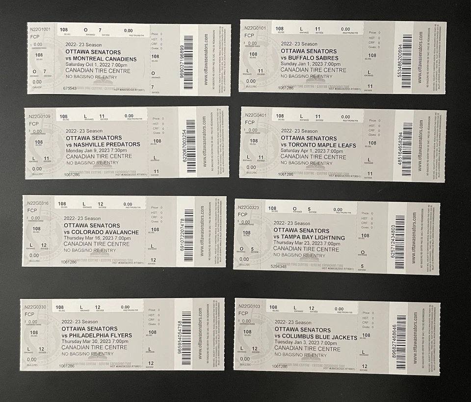 Ticket master stub lot 8X NHL USED Hockey vs. Ottawa Senators 2022-23 Season TML - Image 1 of 2