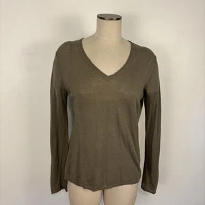 New Scotland Womens medium Olive Green Linen Blend Long Sleeve V-Neck Top Shirt - Picture 1 of 6